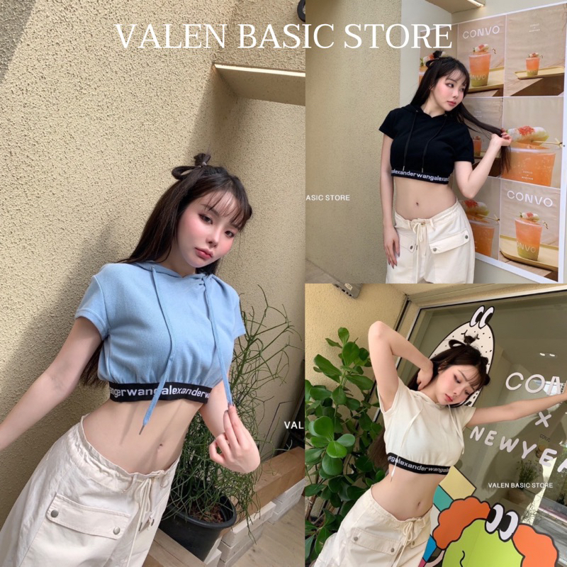 Alex crop hood เสื้อครอปหมวกฮู้ด ดีเทลยางขอบแบรนด์ valen