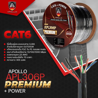 Apollo สายแลน+ไฟ Lan+Power CAT6 UTP  Cable Outdoor Premium สำหรับใช้ภายนอก 305m./Box สำหรับระบบNETWORK กล้องวงป