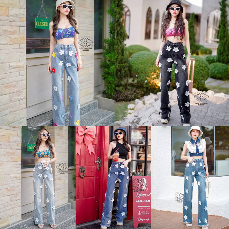 กางเกงยีนส์ขายาวทรงกระบอก แต่งทรีดีปักดอกไม้ น่ารักสุดๆ งานทำมือ S-6XL