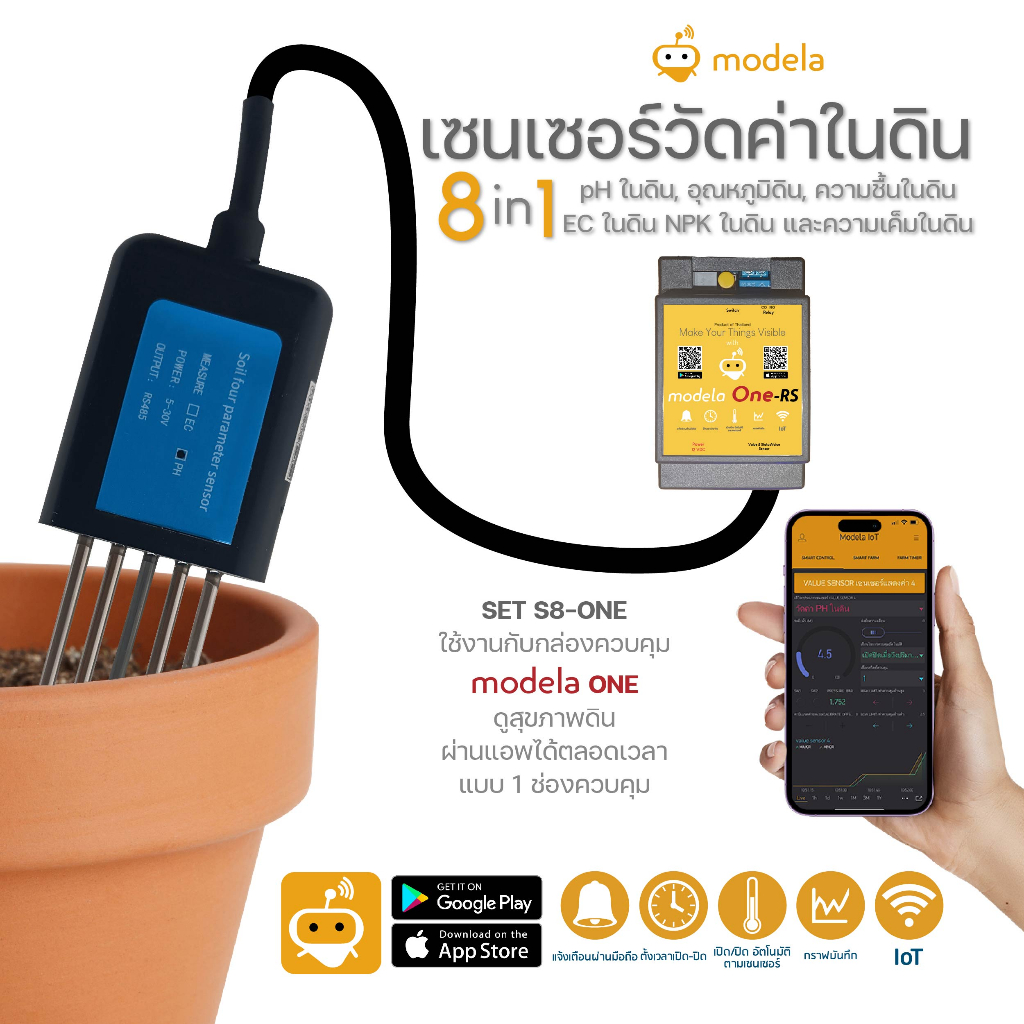 Soil  8 in 1 เซนเซอร์ที่วัดค่าความสมบูรณ์ดิน NPK ค่า PH EC กรดด่าง ความชื้นและอุณหภูมิดิน รวม 8 ชนิด ดูผ่านมือถือ