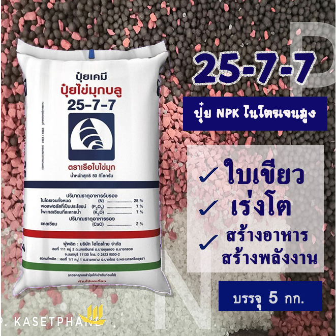 25-7-7 เรือใบ ไข่มุก แบ่งบรรจุ 5 Kg. ปุ๋ยNPK ธาตุอาหารครบ ไนโตรเจนสูง เร่งการเจริญเติบโต ใบเขียว ต้นแข็งแรง +แคลเซียม 2%