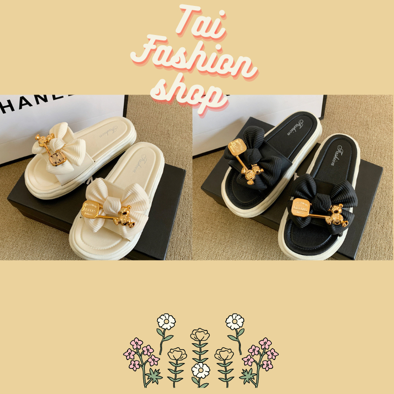 รองเท้าแบบสวมพื้นนุ่ม สไตล์เกาหลี รองเท้าแตะแต่งโบว์และหมีน่ารักๆ พื้นหนา - รูปที่ 2