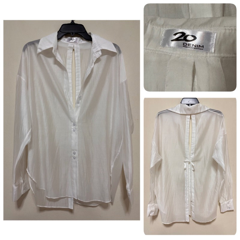 ส่งต่อ เสื้อเชิ้ต ผ้าไหมผสม 20denim ดีเทลผ่าหลัง ผูกโบว์ สีขาว (shop 550฿)