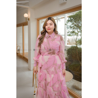 DR209 เดรสชีฟองยาวลายดอกชมพู เสื้อผ้าพลัสไซส์ Plussize fashion ชุดคนอ้วน แฟชั่นสาวอวบ
