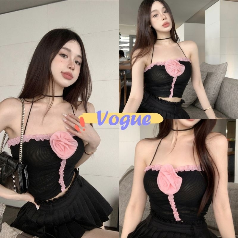 Vogue พร้อมส่ง เสื้อคล้องคอผ้าไหมพรม ใส่ได้2 แภมดอกไม้ติด (09009New) -C