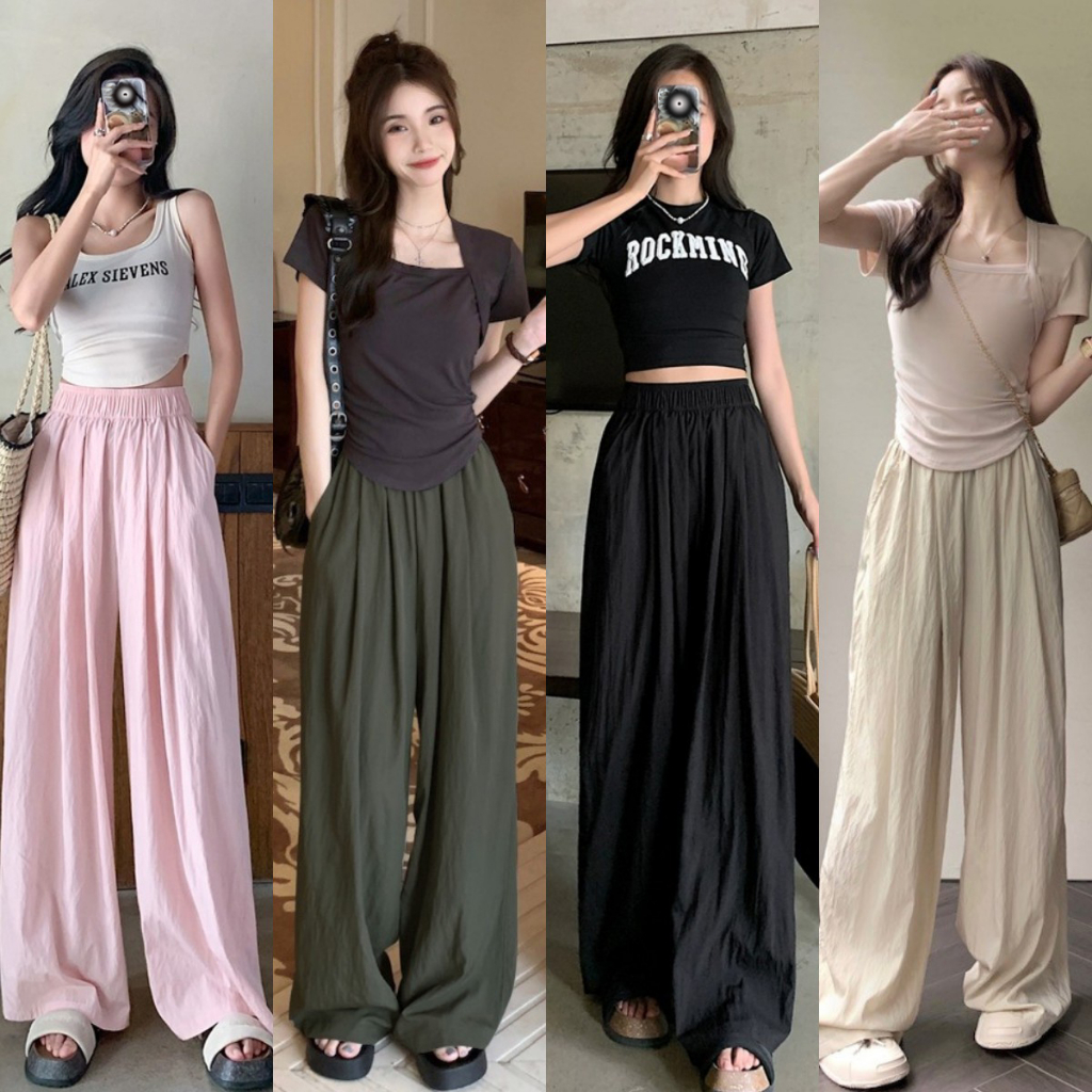 10สี กางเกงขายาวผู้หญิงเอวสูง ผ้าลายเปลือกไม้ ขอบเอวใหญ่ #4301