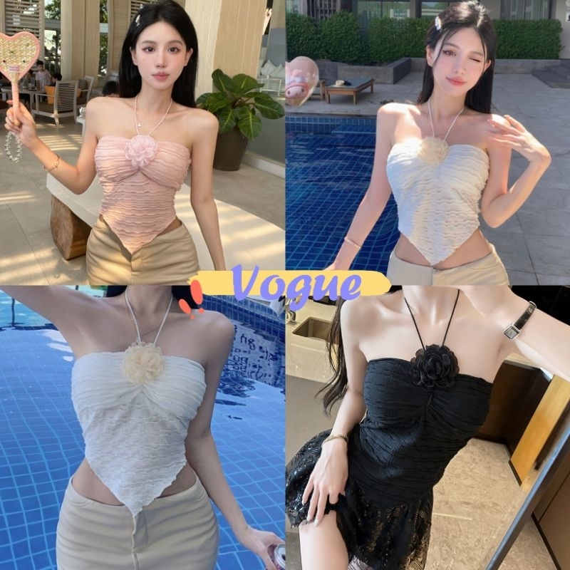 Vogue🌟พร้อมส่ง🌟 เสื้อเกาะอกไหมพรม ผูกคล้อง แถมเข็มกัดดอกไม้ (09008) -C