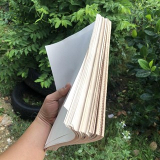 กระดาษห่อฝรั่ง ขนาด 8x12 นิ้ว จำนวน 1 กก.มีประมาณ 280 เเผ่น เป็นกระดาษเคลือบพลาสติก เหนียว กันเเดด กันฝน ได้เป็นอย่างดี