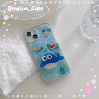 🌷Braylon🌷ขาตั้ง ถอดได้ ขอบเต็ม ป้องกันการหล่น iphone 11 14 pro max การ์ตูน ปลาโลมา โลกใต้น้ำ สีฟ้า case for iPhone 12 13