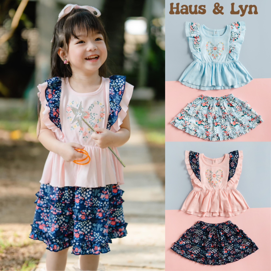 Haus&Lyn - ชุดเซ็ทเด็กผู้หญิง เสื้อแขนระบาย กระโปรงเด็กผู้หญิง ลายดอกไม้ ชุดสีชมพู ผ้าคอตต้อน ชุดเด็กผู้หญิงอายุ 1-5 ปี