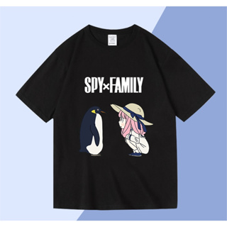 SPY×FAMILY เสื้อยืดแฟชั่น Anya Forger and Penguin Cotton Short Sleeve Casual Cute Unisex