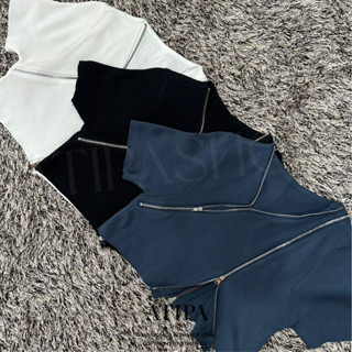 Atipashop - CROP ZIPPER เสื้อครอป แขนสั้น ทรงคอสี ซิปรูดหน้า