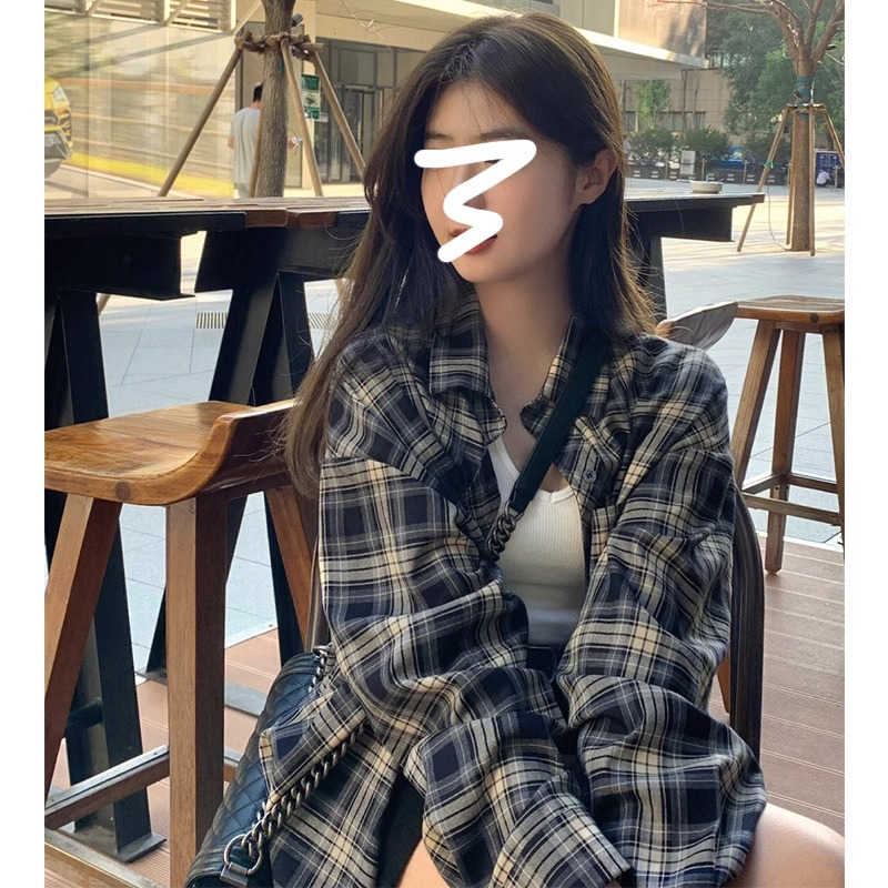 พร้อมส่ง PBB2973 เสื้อเชิ้ตผูู้หญิง สไตล์วินเทจ เชิ้ตลายสก๊อตใหญ่ แนวเกาหลีใส่คลูๆ ผ้าไม่หนา