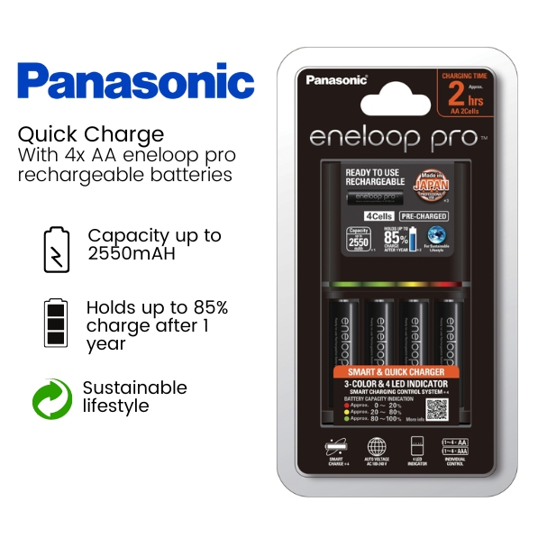 ถ่านพร้อมแท่นชาร์จ Panasonic Eneloop Quick Charger (2HR) พร้อม Eneloop Pro AA 2550mAh 4 ก้อน /K-KJ55HCC40T