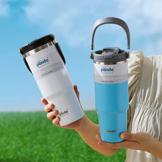 PANDA(ของแท้) แก้วเก็บความเย็น ฝา2หัว 900ML รุ่นมีหูหิ้วมีหลอด เย็น 304 เก็บความร้อน สแตนเลส พร้อมหลอด พร้อมส่งจากไทย