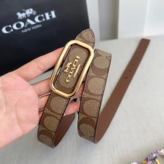 พร้อมส่ง แท้💯% เข็มขัดผู้หญิงเส้นเล็ก Morgan Rectangle Buckle Belt, 25 Mm COLOR: Gold/Khaki Saddle