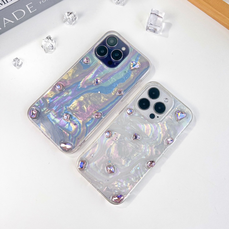 [i15]พร้อมส่ง T2S65 เคสหัวใจเพชร+แผ่นโฮโลแกรมน้ำแข็ง สำหรับ iPhone เคสไอโฟน เคสโฮโลแกรม เคสเพชร 14Promax,15Pro,15Promax