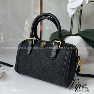 Small TORY T MONOGRAM PETITE BARREL BAG in black / TB Bucket Bag สีดำคลาสสิก กระเป๋าทรงขนมจีบ กระเป๋าทรงหมอน