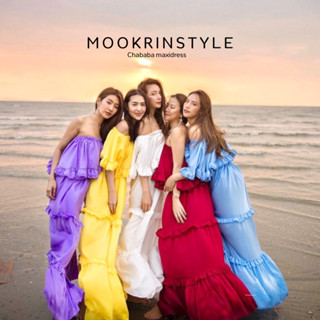 MOOKRINSTYLE เดรสปาดไหล่ระบายยาว งานสวยสีสดใส ใส่เดินชายหาด ไปทะเล chababa Maxidress