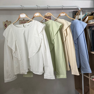 [พร้อมส่ง] เสื้อแขนยาวระบายหน้า เสื้อทำงานสไตล์เกาหลี มินิมอล สีพื้น เสื้อเชิ้ตทำงาน เสื้อทำงานเรียบร้อย