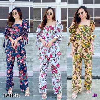 TwinsShopVip💗พร้อมส่ง TW14493 Set เสื้อเกาะอกแขนสม็อกผูกโบว์+กางเกงขายาว ลายดอก