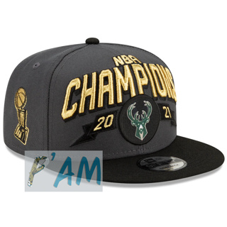 หมวกใหม่ แท้ Milwaukee Bucks New Era 2021 NBA Finals Champions Locker Room 9FIFTY Snapback Adjustable Hat - Gray/Black