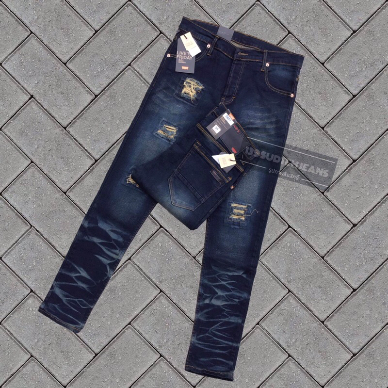 กางเกงยีนส์ขาเดฟผู้ชาย ผ้ายืด แต่งปะสนิม  เอว 28-44 เนื้อดี ราคาถูก