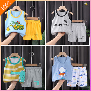 เสื้อเด็ก2ชิ้น เสื้อกล้าม+กางเกงขาสั้น พิมพ์ลายการ์ตูน ผ้าฝ้ายนิ่มของใหม่100% พร้อมส่ง
