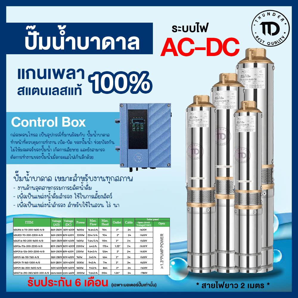 ปั๊มบาดาลโซล่าเซลล์ AC/DC ปั้มน้ำ ปั๊มน้ำโซล่าเซลล์ ซับเมอร์ส ซับเมิร์ส Thunder