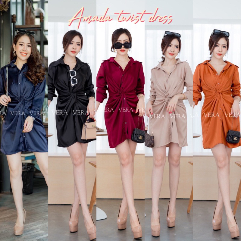 Amada twist dress เดรสแฟชั่นเชิ้ตทวิส ผ้าซาตินโมนิก้า งานป้าย VERA