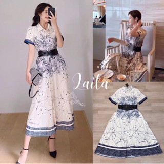 Maxidress ทรงคอปกโทนขาวกรมแต่งกระดุมหน้า+เข็มขัดหนัง Tag::Laila