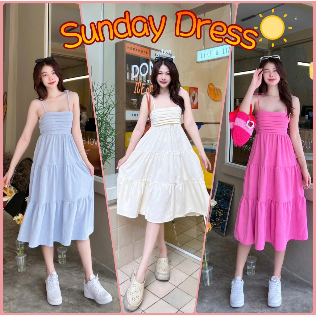 #JS19002 Sunday Dress เดรสยาวสายเดี่ยวผูกไหล่ สายปรับได้ ชุดไปคาเฟ่น่ารัก