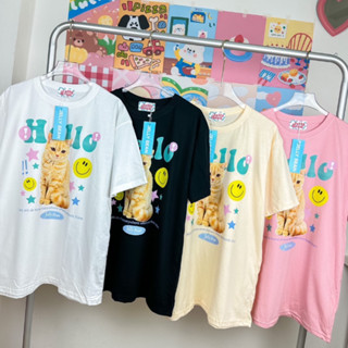 เสื้อยืดโอเวอร์ไซส์ แมว Hello อก 44-46" ยาว 28" สกรีน DFT ผ้า cotton100% ป้าย Jelly Bean