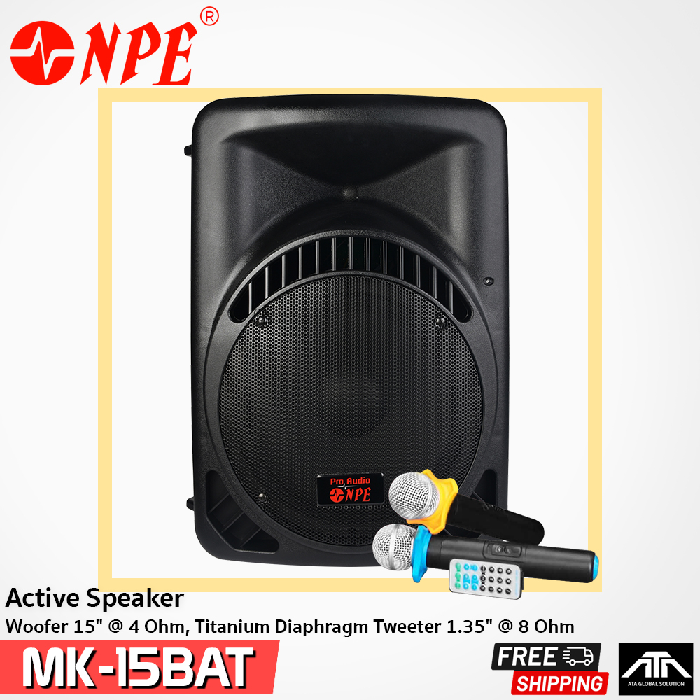 NPE ตู้ลำโพงมีแอมป์ MK 15BAT BLUETOOTH  USB FM RECORD พร้อมไมค์ 2 ตัว มีแบตในตัวชาจได้ มีล้อลาก