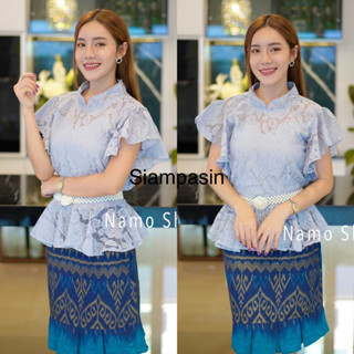 SOF เสื้อลูกไม้ ผ้าลูกไม้นำเข้า ผ้านิ่มลายสวย อก S M L XL XXL สีขเทา แขนค้างคาว รุ่นแขนย้วย เอวจั้ม Blouse