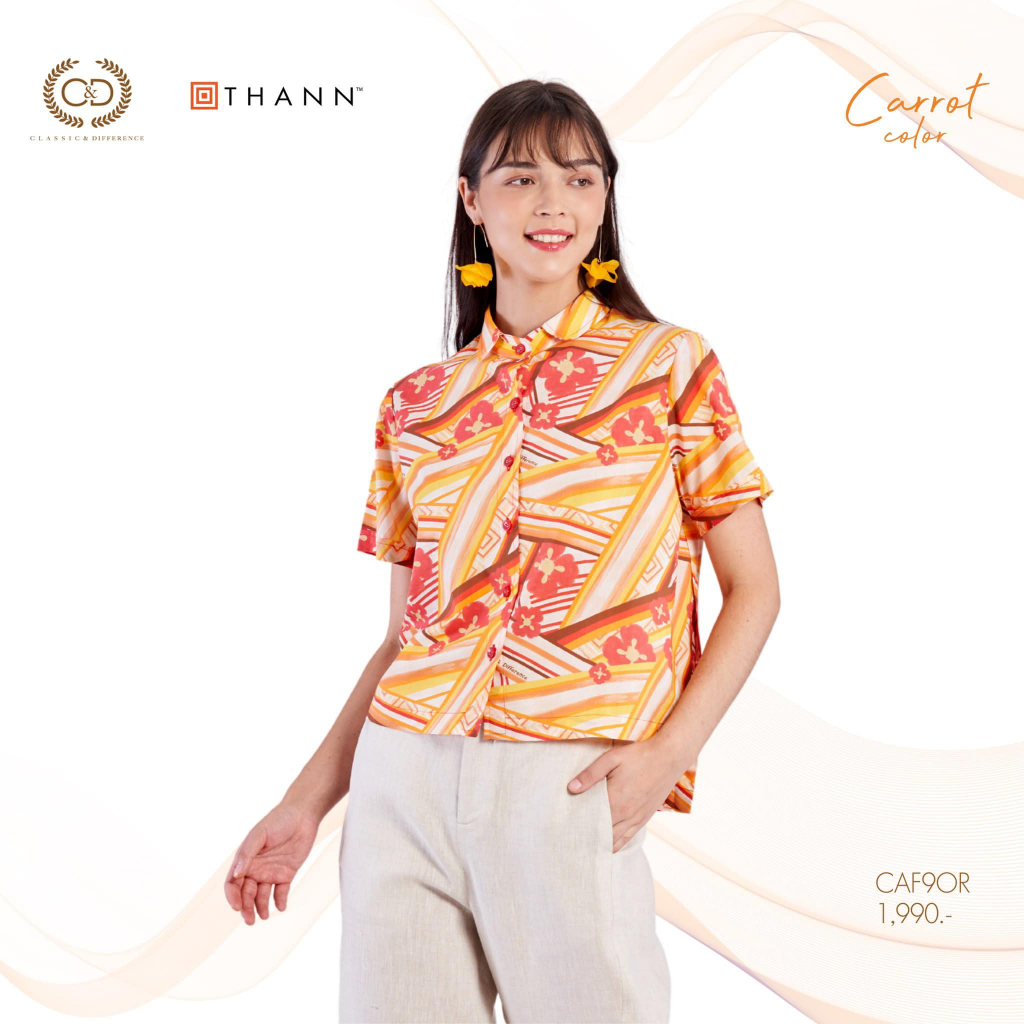 C&D Woman's blouse Faromatic collection เสื้อผู้หญิง ปกเชิ้ต แขนสั้น สีส้ม CAF9OR