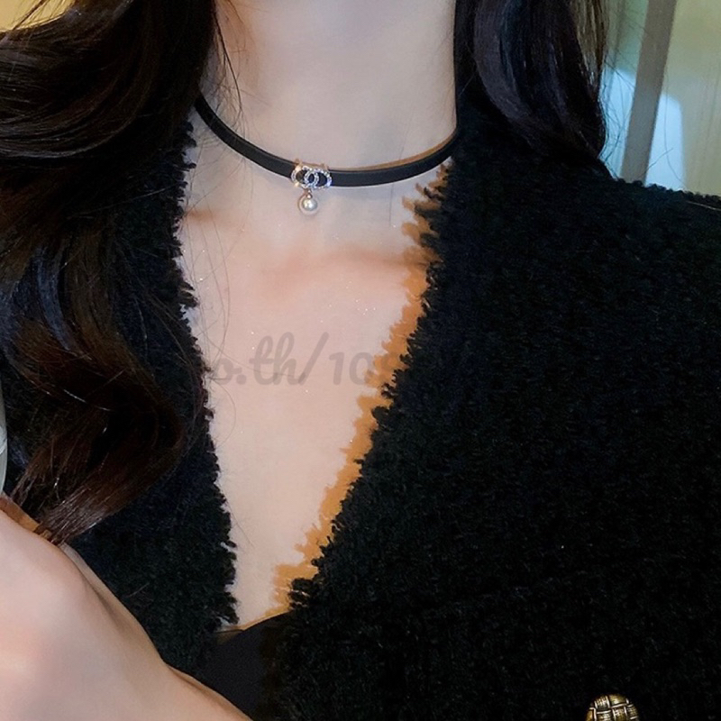 ⭐️CHOKER⭐️โชกเกอร์ สร้อยคอหนัง จี้ไข่มุกประดับเพชร เครื่องประดับสำหรับผู้หญิง