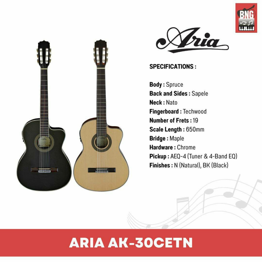 ARIA AK-30CETN,BK กีตาร์คลาสสิคไฟฟ้า เสียงนุ่ม เล่นสบายมือ ไม้คุณภาพ Electric Classic Guitar