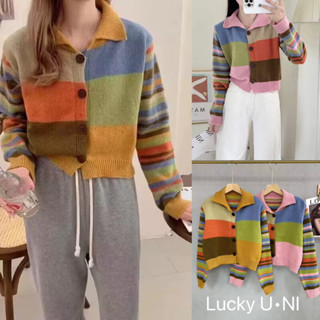 เสื้อคาร์ดิแกนปกโปโลสีรุ้งวินเทจ สีสันน่ารัก สดใส่