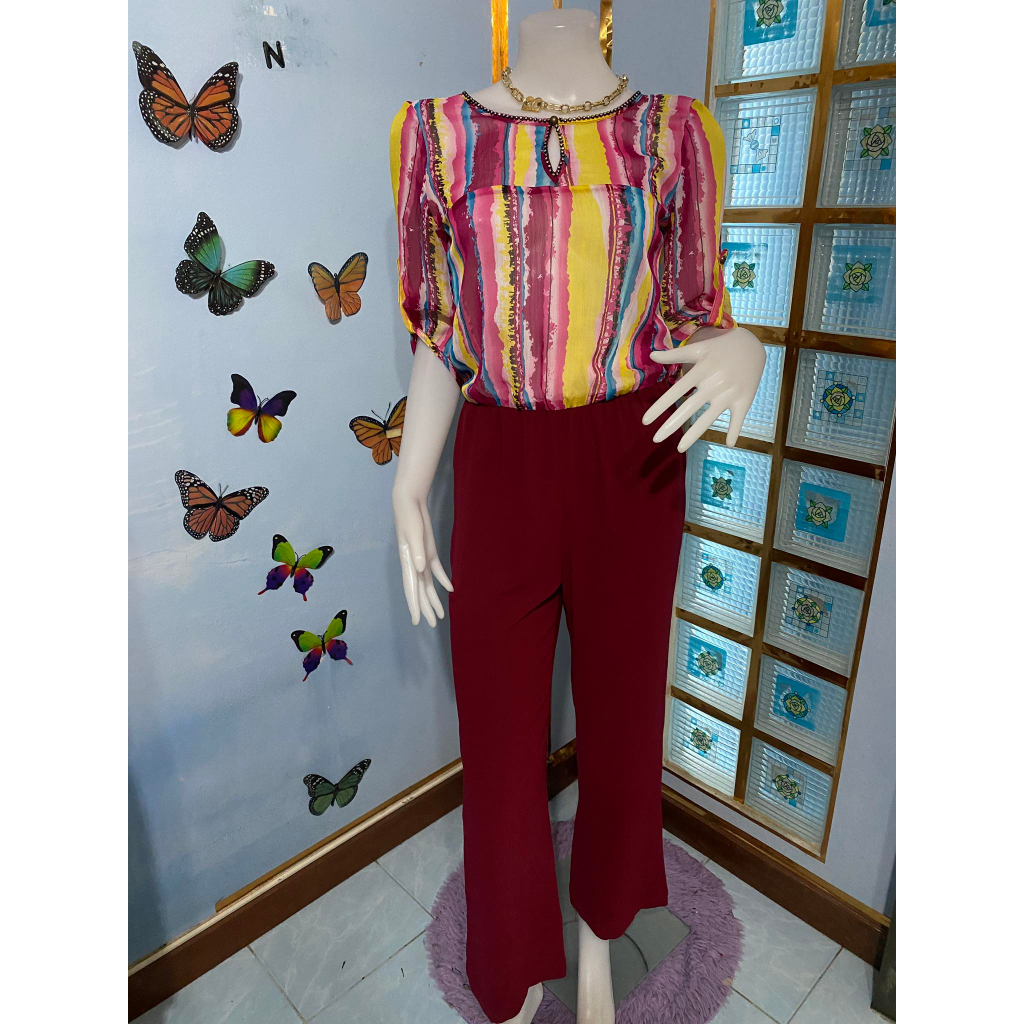 1งาน BO MITCHELL จั้มสูทขายาวแขนห้าส่วนสีเรนโบว์คัลเลอร์ฟูลแหวกหลัง ปักเพชรแถวรอบคอ+หน้าอก เอวยางยืด