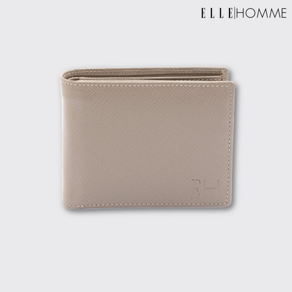 ELLE HOMME I กระเป๋าสตางค์หนังวัวแท้ สไตล์ Business แบบพับสั้น มาพร้อมช่องสอดบัตร 12 ช่อง สีเทาอ่อน I รุ่น W8W003