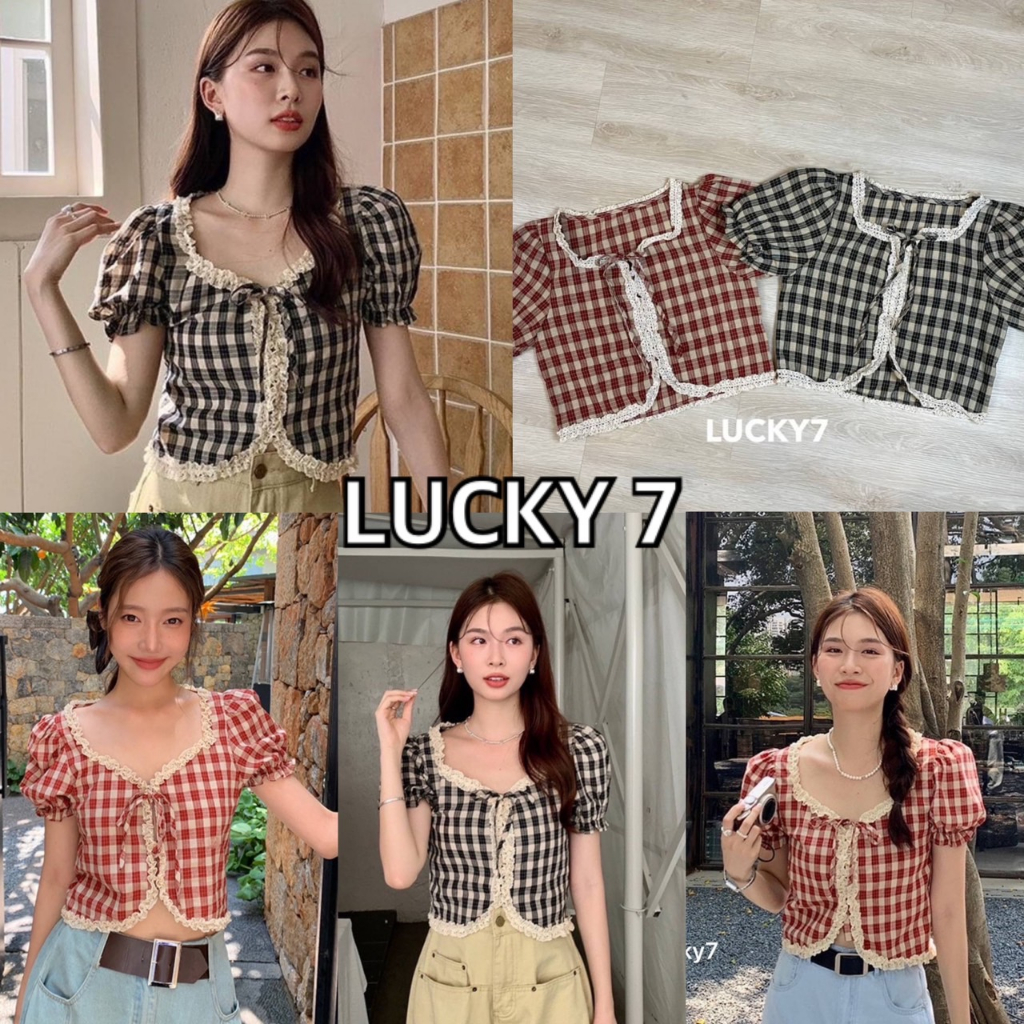 IRA (23052) Lemon Crop Top เสื้อเชิ้ต คอสี่เหลี่ยม แขนบาน ลายสก๊อต สไตล์ฝรั่งเศส แฟชั่นฤดูร้อน
