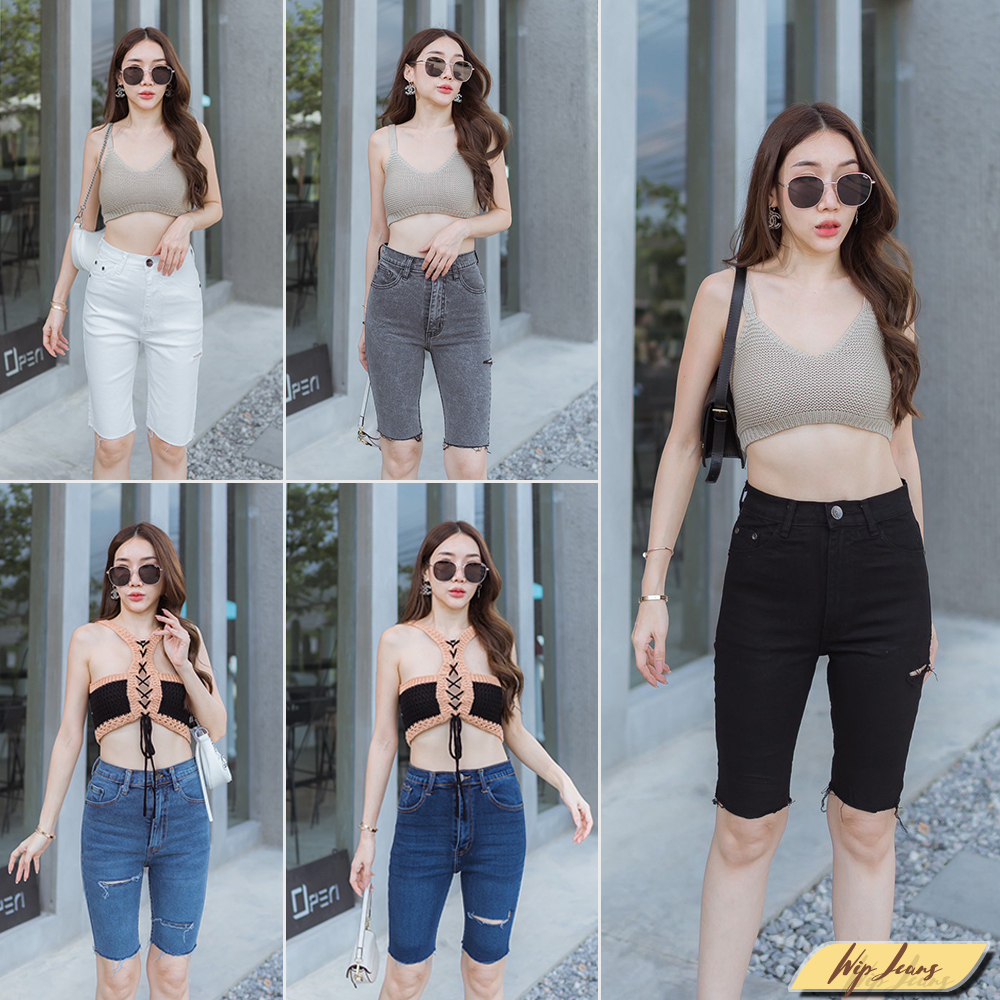 กางเกงยีนส์ผู้หญิงสามส่วนเอวสูงขาสั้นผ้ายืดเก็บทรงเข้ารูปสวยมีไซส์ใหญ่มีbigsize กางเกงยีนส์3/4เอวสูงผ้ายืด