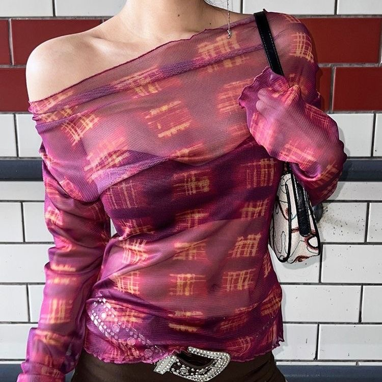 Spice girl เสื้อเปิดไหล่แขนยาวซีทรูสีแดงรัดรูป แฟชั่นสไตล์ผู้หญิงสุดฮิตผ้ายืดนุ่มๆ
