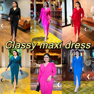 Classy maxi dress ชุดเดรสออกงาน แม็กซี่เดรส คอวี แขนยาว