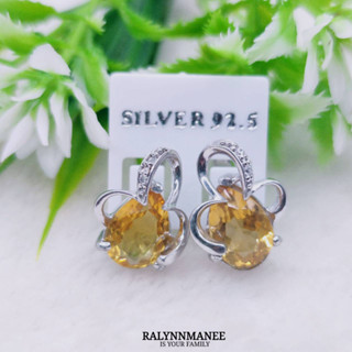 Q6439 ต่างหูพลอยซิทรีนแท้ ( Citrine ) แบบอิงลิชล็อค ตัวเรือนเงินแท้ 925 ชุบทองคำขาว