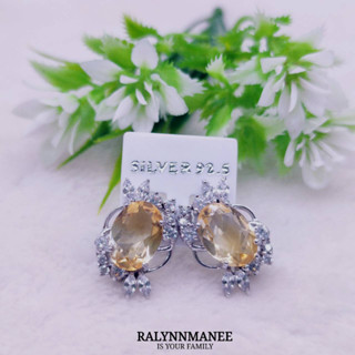 Q6440 ต่างหูพลอยซิทรีนแท้ ( Citrine ) แบบอิงลิชล็อค ตัวเรือนเงินแท้ 925 ชุบทองคำขาว