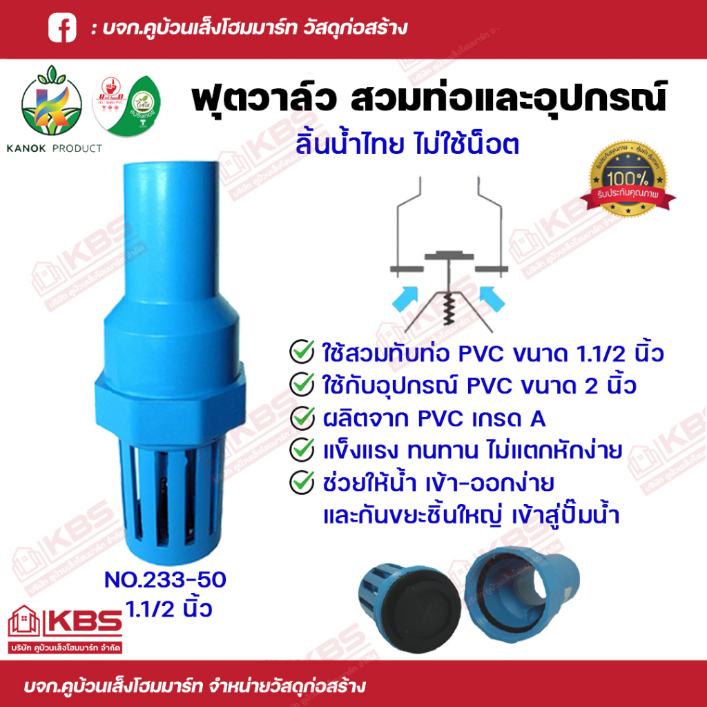 KANOK หัวดูดน้ำ ฟุตวาล์วลิ้นน้ำไทย สวมท่อและอุปกรณ์ ไม่ใช้น็อต NO.233 ทับท่อ PVC ขนาด 1.1/2 นิ้ว