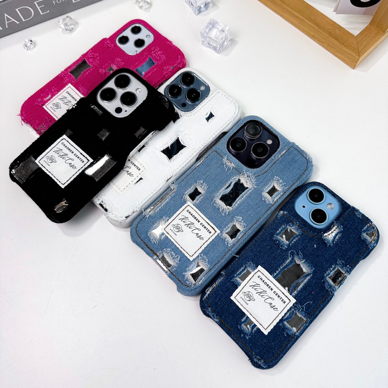 พร้อมส่ง T7S102 เคสผ้ายีนส์ขาดประดับด้วยกระจก 5สี เกร๊สุด เคสยีนส์ เคสผ้า I11-13,13Pro,13Promax,14,14Pro,14Promax