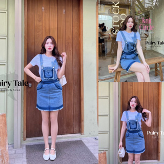 Code : M8 Pairytale ชุดเซ็ต เสื้อยืดสีขาว+เอี๊ยมกระโปรงยีนส์สั้น สำหรับผู้หญิง ไซส์ S-XL